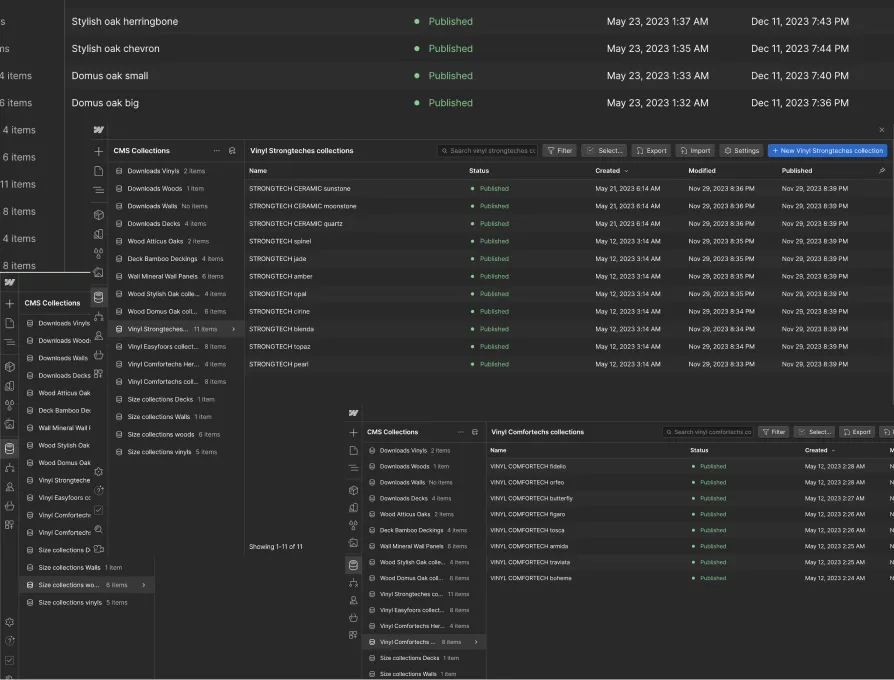Set of CMS screenshots from the Novuscover site built in Webflow.