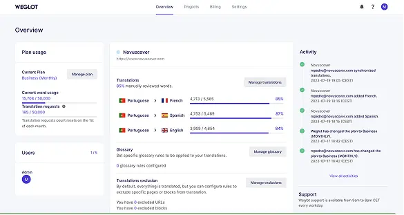 Weglot translation settings showing three languages configured.